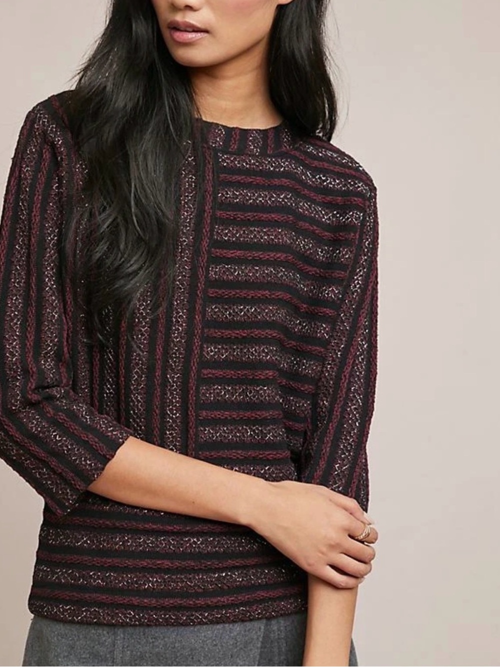 Anthropologie Akemi + Kin Striped 3/4 Sleeve Top in Black & Red Size XS